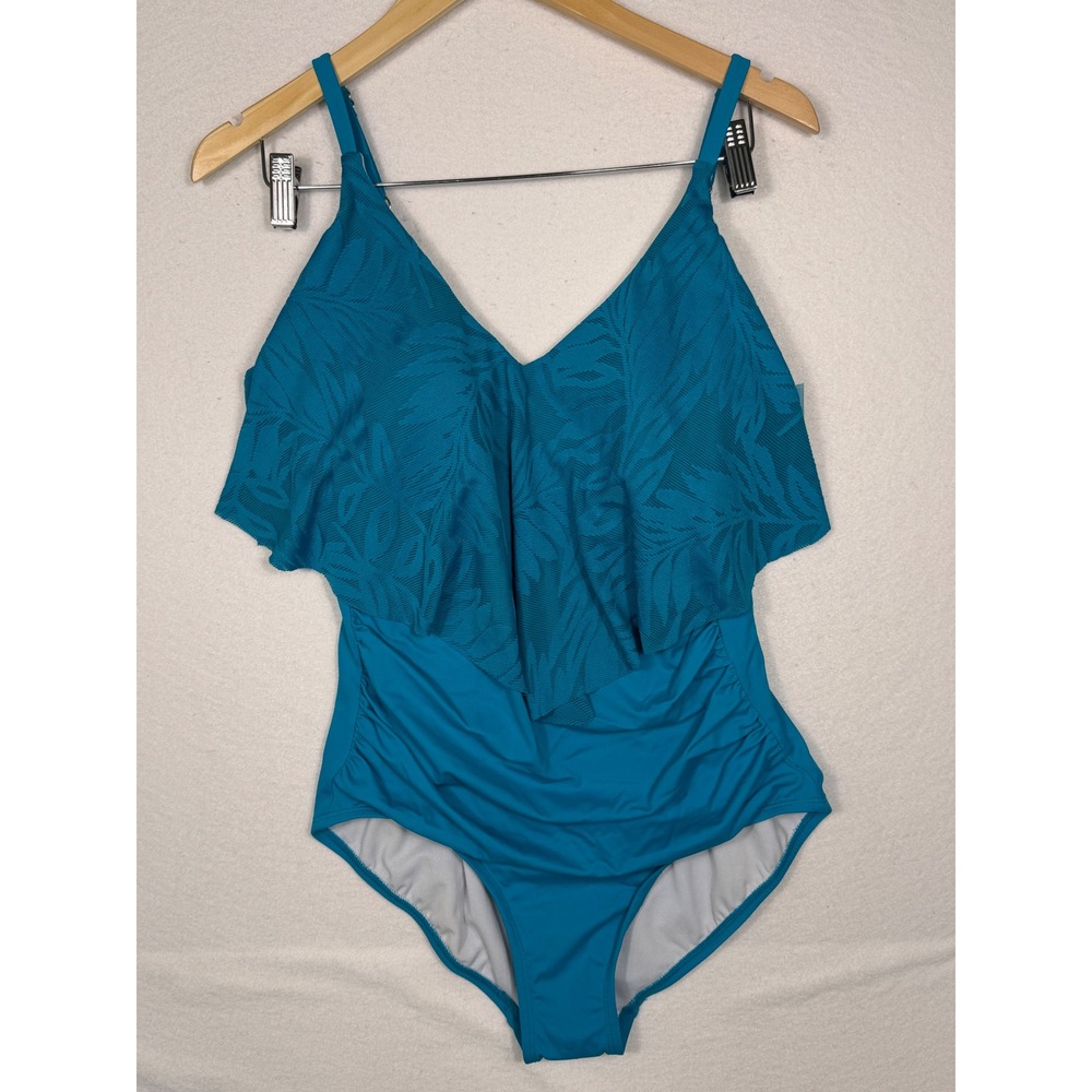 Bal Harbour Swim One‎ Piece Women 14 Teal Blue Ruffle Tropical Palm Leaf NEW